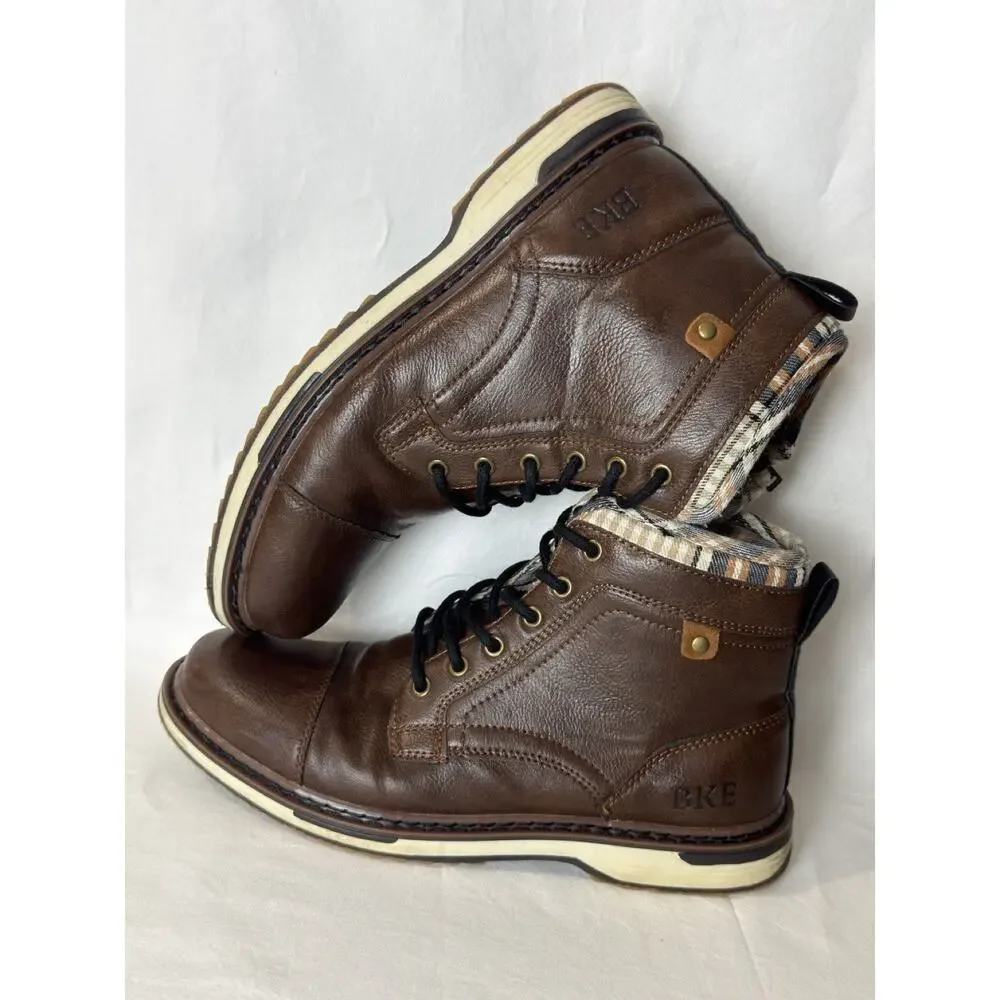 BKE Holt Men’s Brown Faux Leather Lace Up Boots with Plaid Lining Size 7
